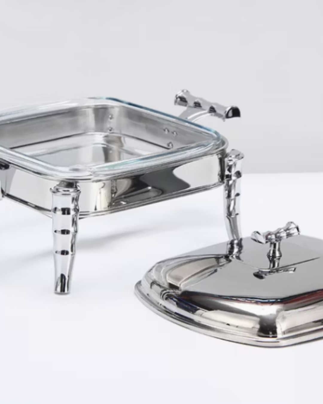 Square Food Serving Chafing Dish – Glass Pot with Stainless Steel Lid & Frame