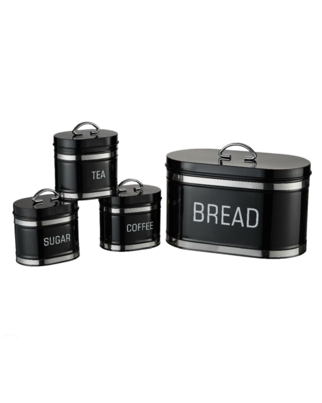 4-Piece Black Metal Kitchen Storage Canisters – Bread, Coffee, Tea, Sugar