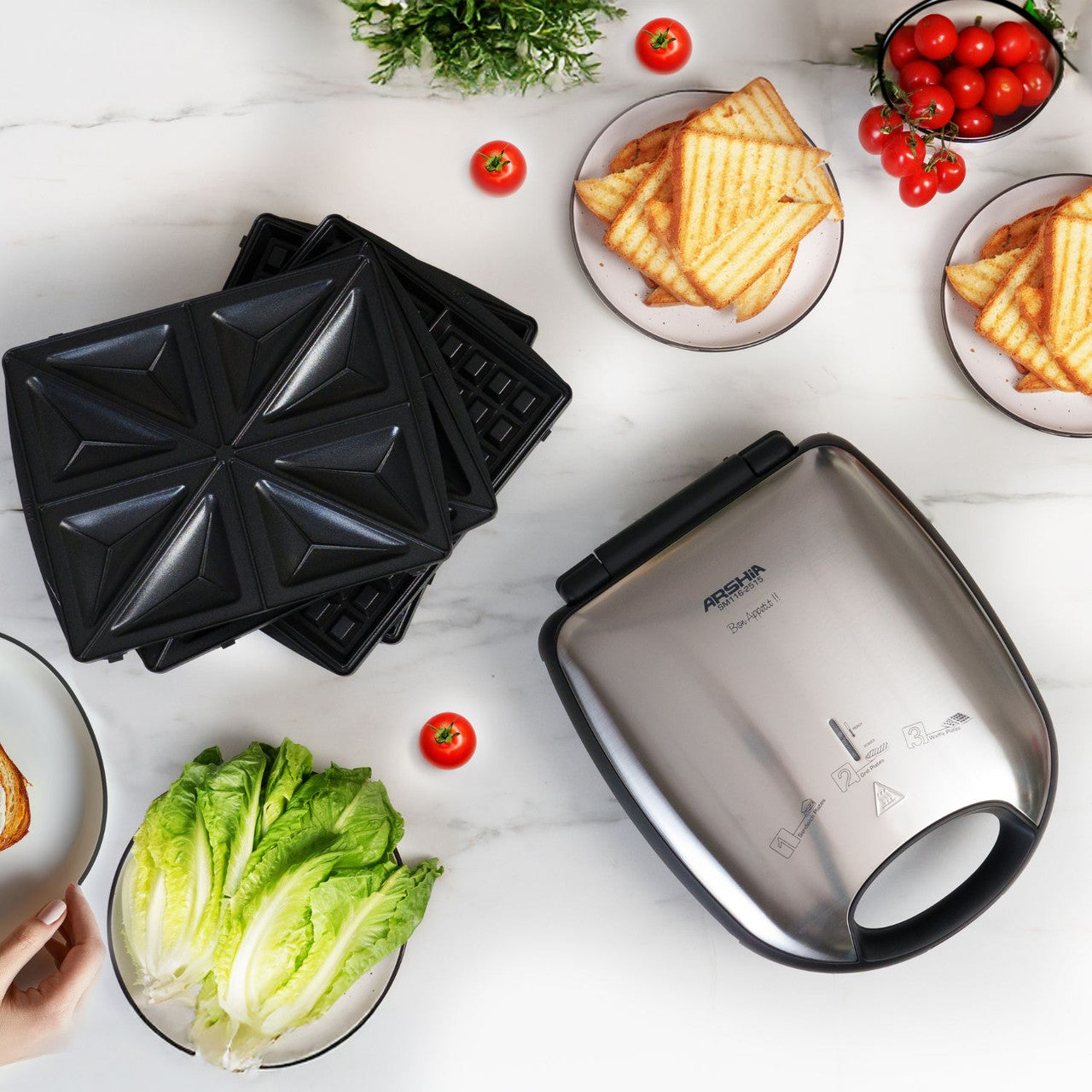 Arshia 3-in-1 Sandwich Maker – Black (4-Slice, 3 Interchangeable Plates)