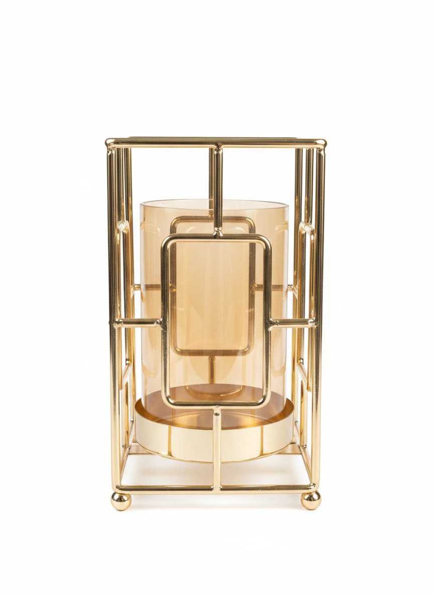 Geometric Metal Candle Holder with Amber Glass – Modern Design