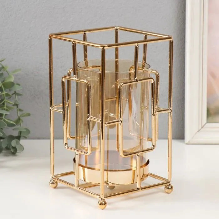 Geometric Metal Candle Holder with Amber Glass – Modern Design