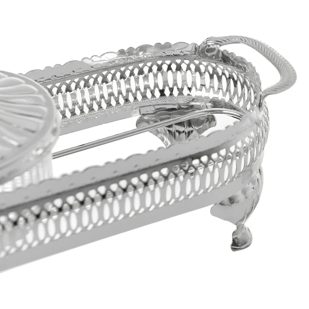 Triple Round Appetizer Serving Dish – Silver Plated with 3 Covers & Glass Bowls
