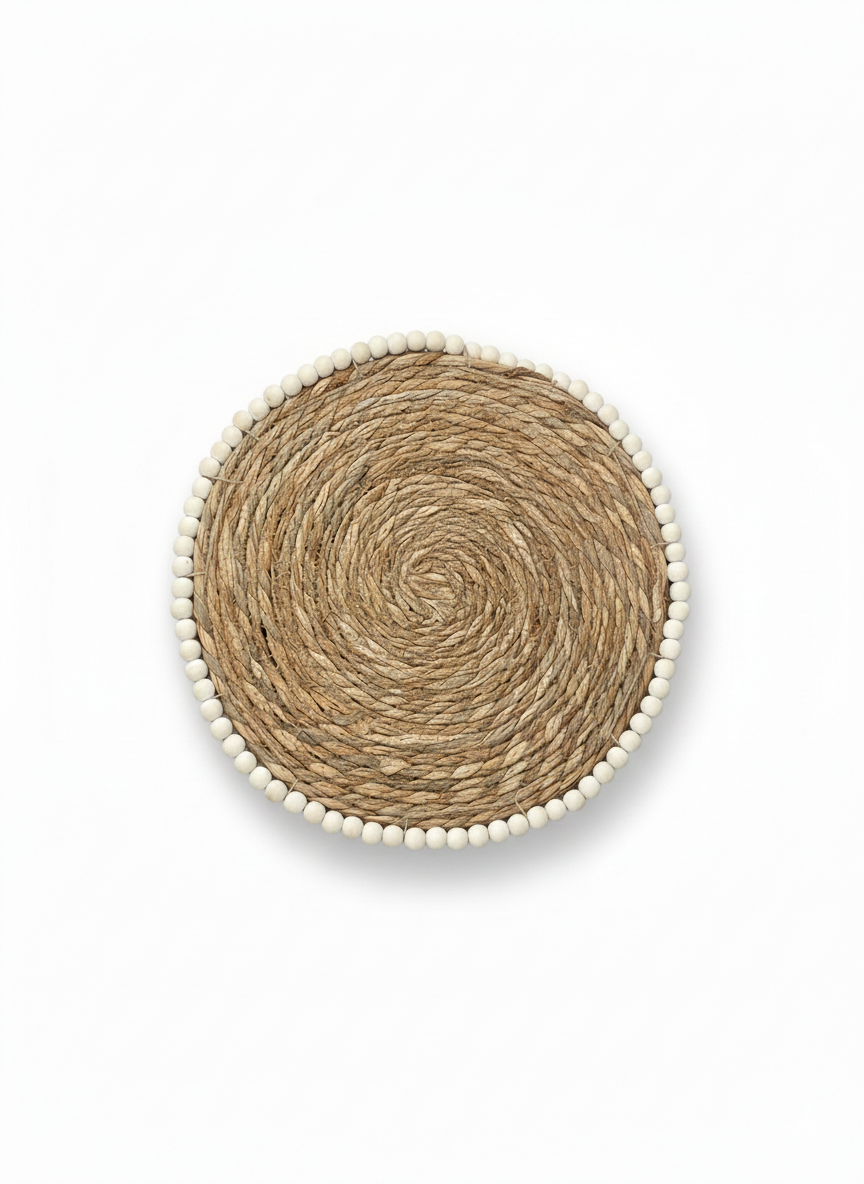 Natural Woven Coaster with Wooden Beads
