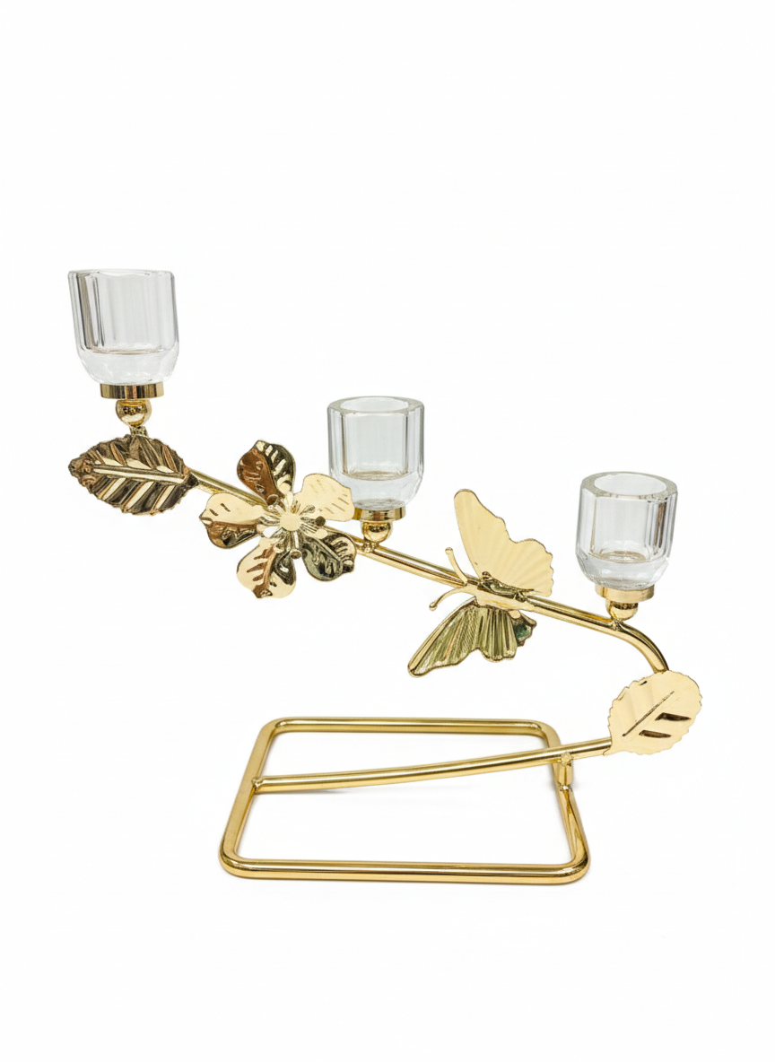 Triple Metal Candle Holder with Crystal – Gold with Leaf & Butterfly Design