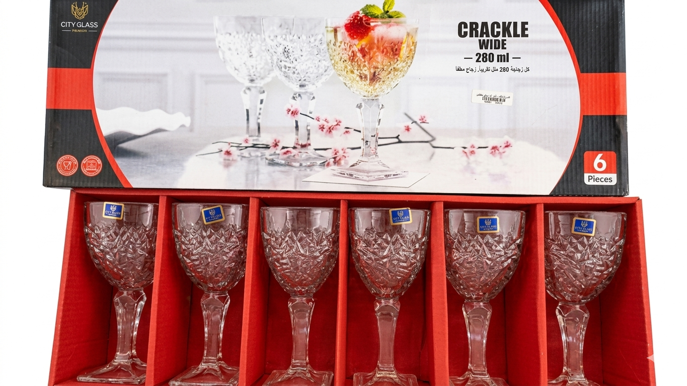 Crackle Wide Glass Set – 6 Pieces Elegant Crystal Design