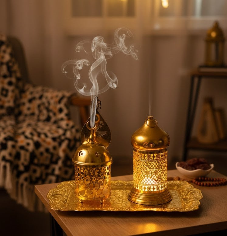 Luxury Gold Ramadan Set – Incense Burner + LED Lantern + Serving Tray (3 Pieces)