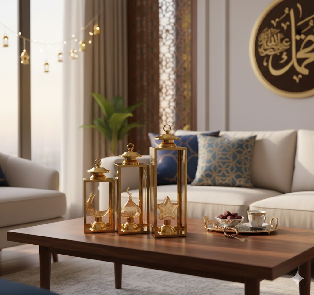 Golden Metal Ramadan Lantern Set – 3 Pieces
