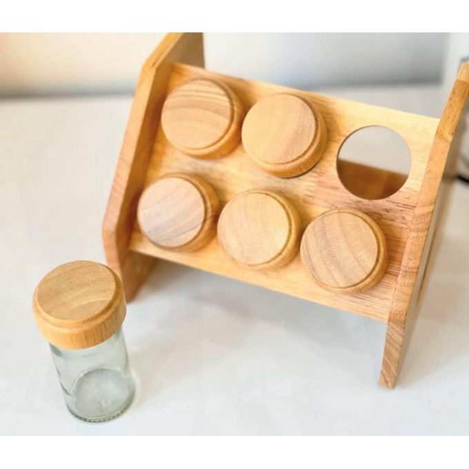 6-Piece Glass Spice Jars with Wooden Lids + Angled Beech Wood Stand