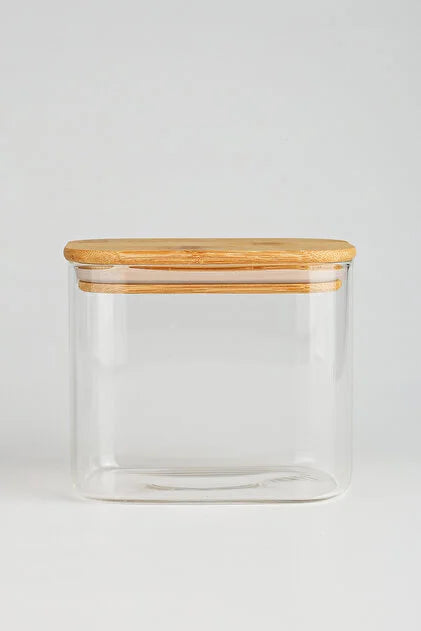 Short Rectangular Pyrex Jar with Wooden Lid