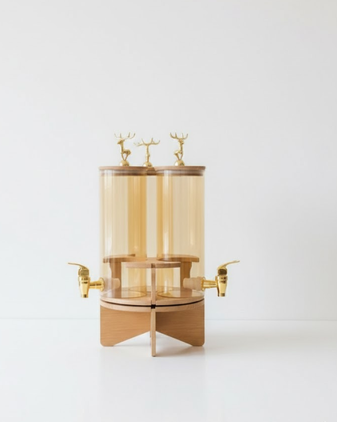 Triple Glass Beverage Dispenser with Gold Deer Lid & Round Wooden Stand – 3L