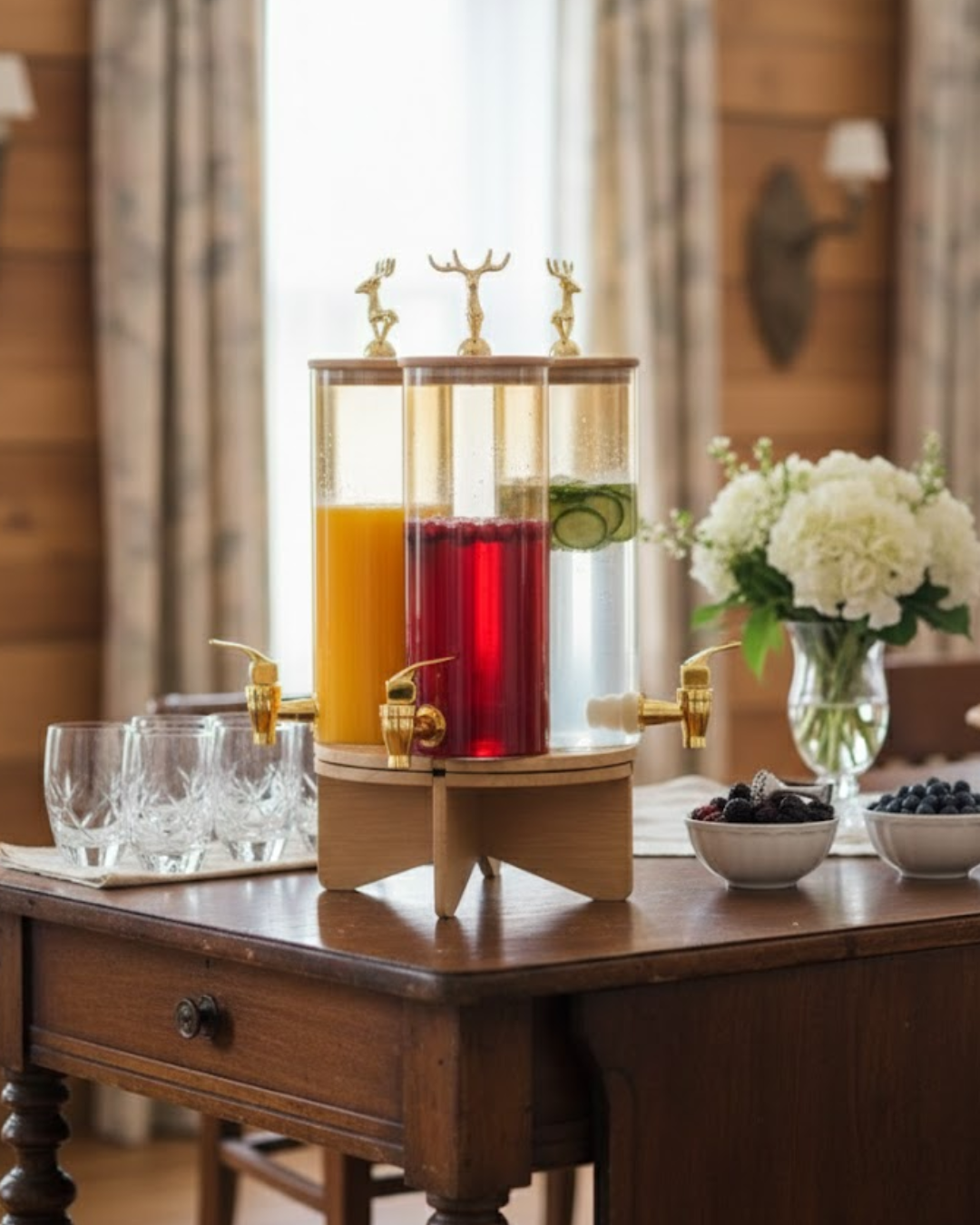Triple Glass Beverage Dispenser with Gold Deer Lid & Round Wooden Stand – 3L