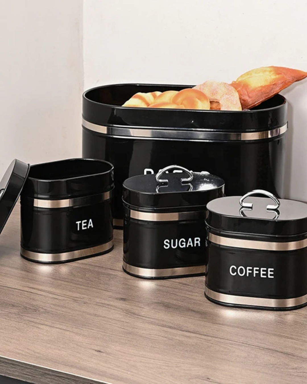 4-Piece Black Metal Kitchen Storage Canisters – Bread, Coffee, Tea, Sugar