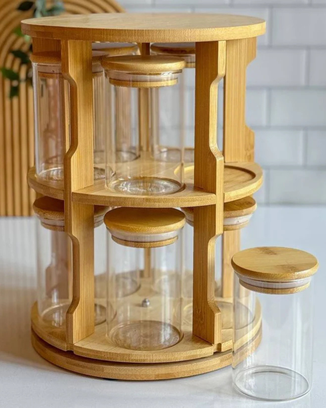 Rotating Bamboo Spice Rack – 10 Glass Jars with Wooden Lids