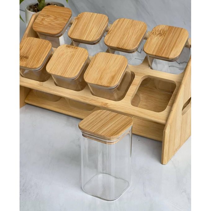 8-Piece Glass Spice Jar Set with Wooden Stand