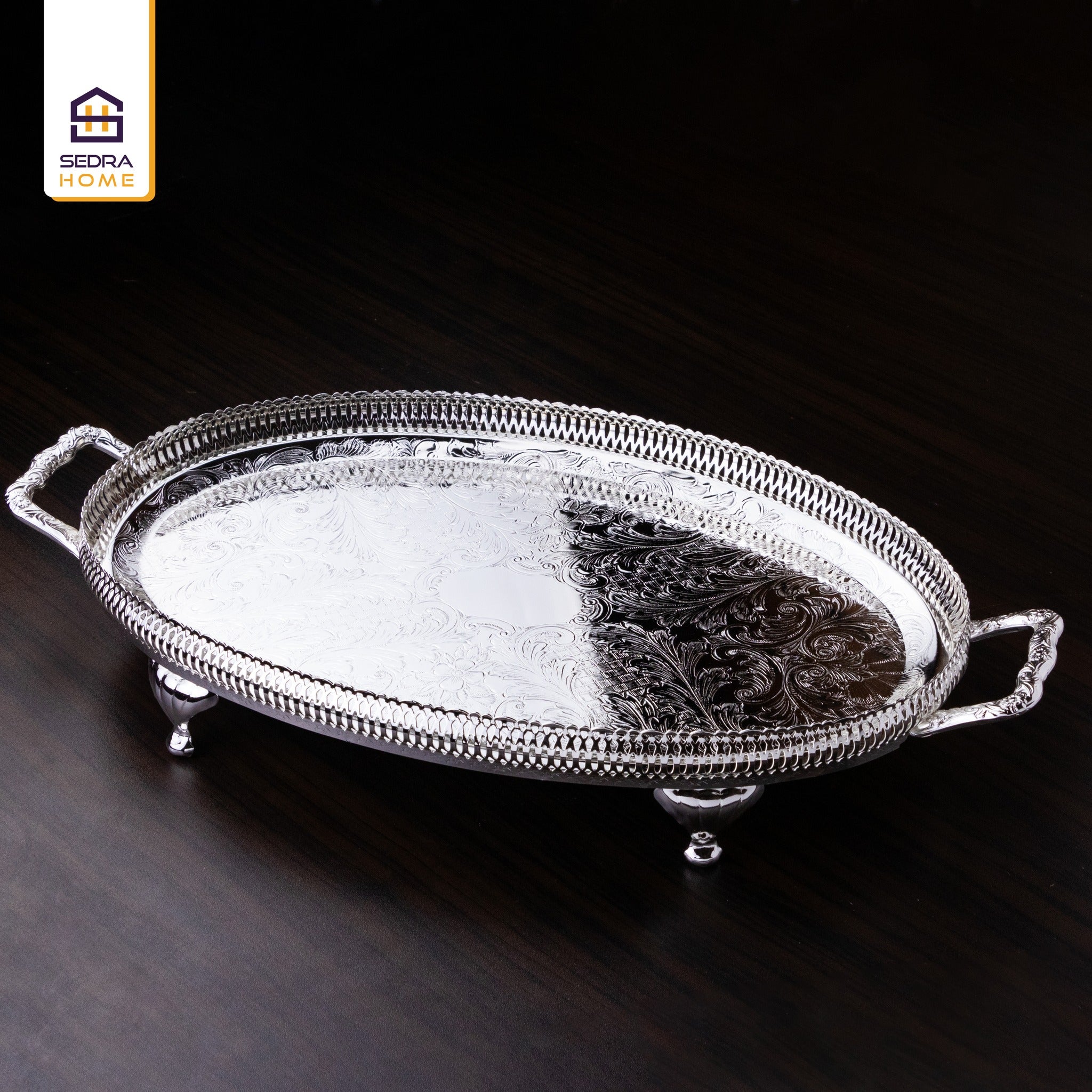 Footed Serving Tray – Silver-Plated Metal Classic Antique Design