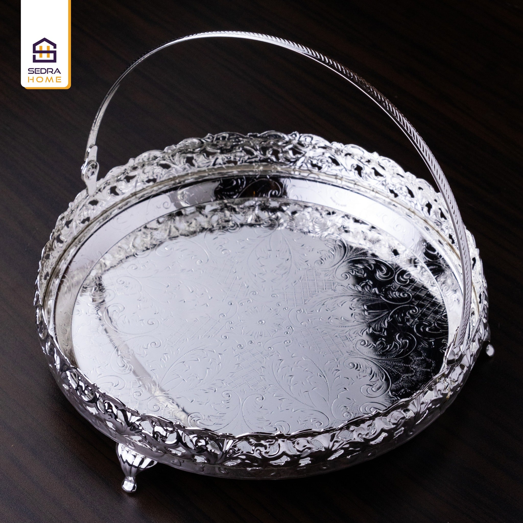 Handled Serving Tray – Silver-Plated Metal Classic Antique Design