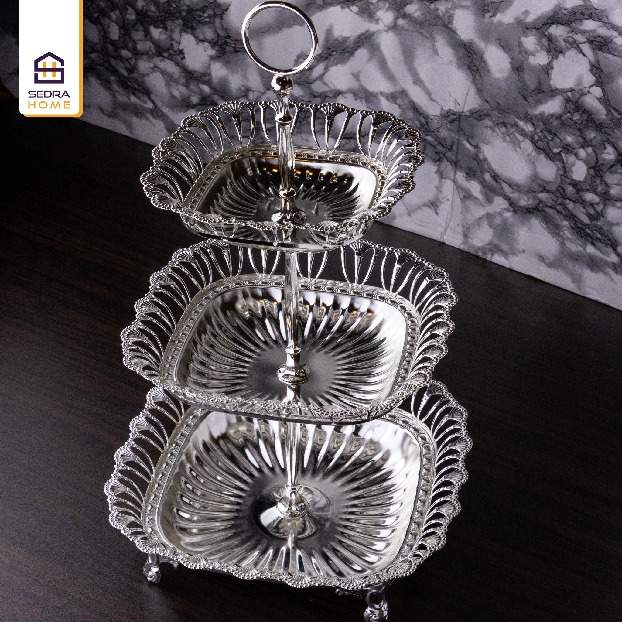 Large Square Silver-Plated Metal Tiered Serving Stand – 3 Layers