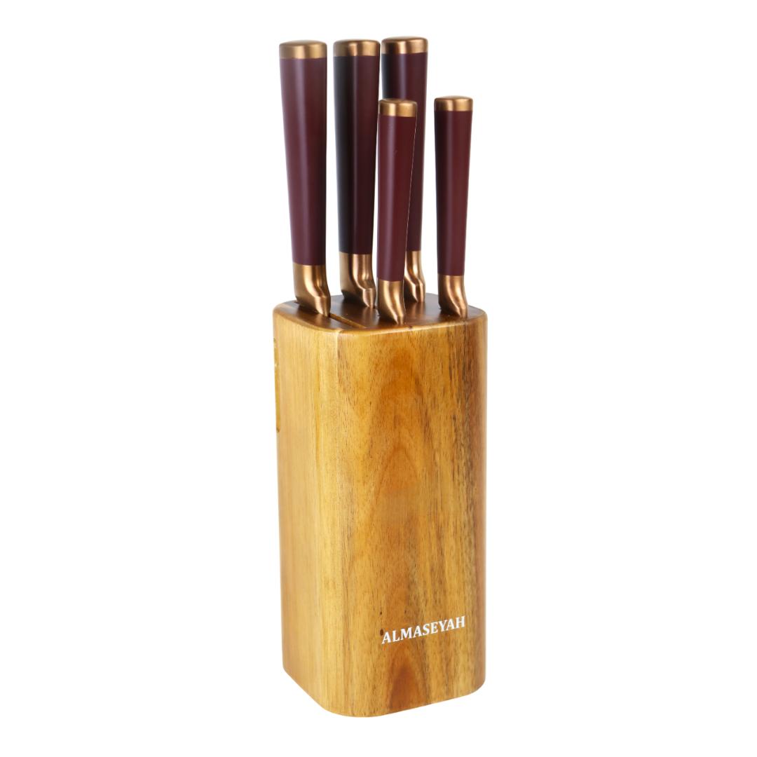 ALMASEYAH 6-Piece Kitchen Knife Set with Bamboo Block,Dark Red