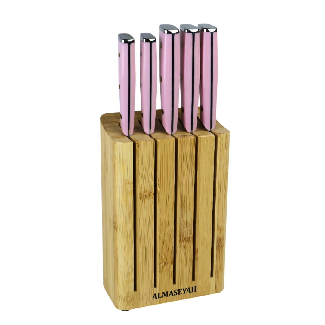ALMASEYAH 6-Piece Kitchen Knife Set with Bamboo Block,pink