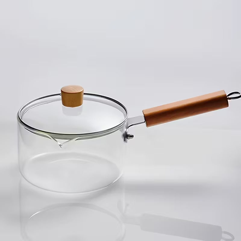 Transparent Pyrex Pot with Wooden Handle