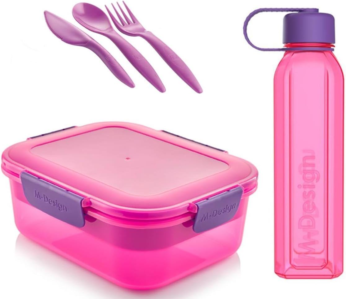 2.1L Lunch Box, 800ml Water Bottle & 3pc. Cutlery Set