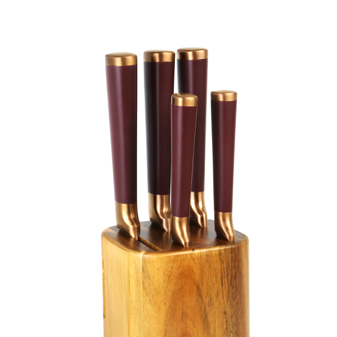 ALMASEYAH 6-Piece Kitchen Knife Set with Bamboo Block,Dark Red