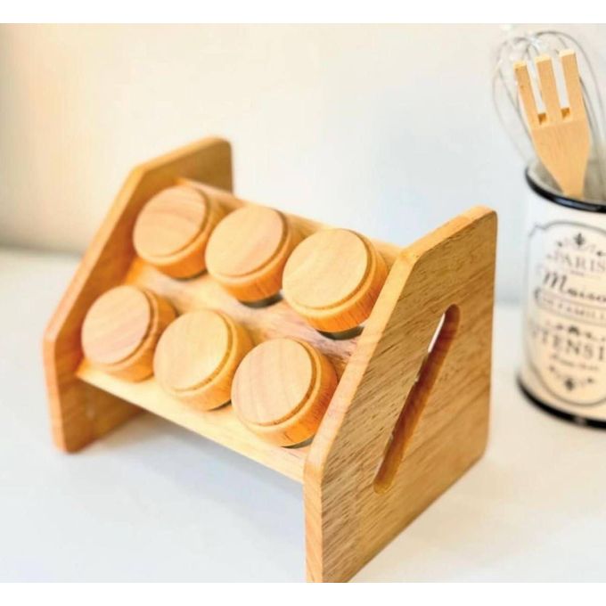 6-Piece Glass Spice Jars with Wooden Lids + Angled Beech Wood Stand