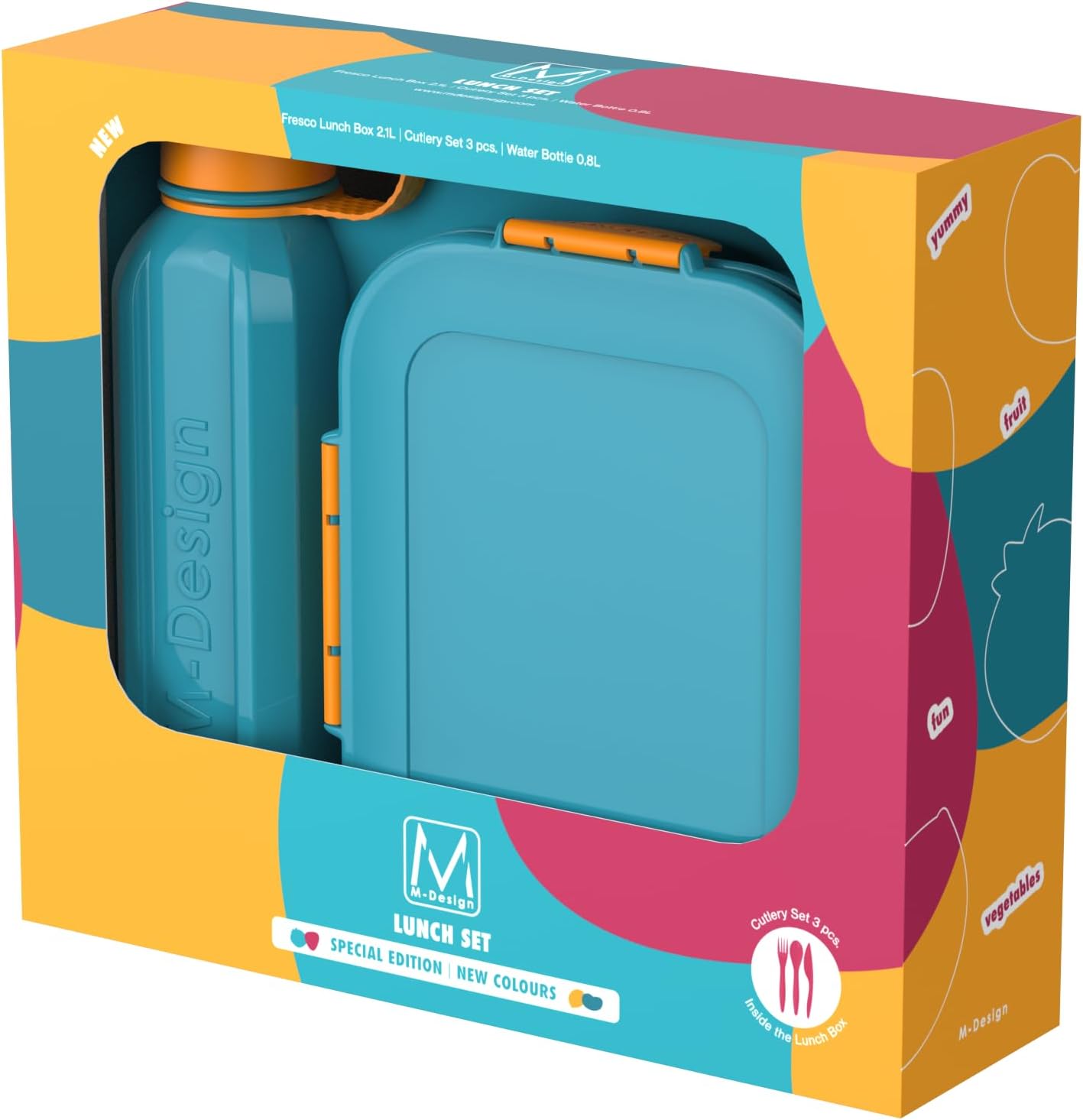 2.1L Lunch Box, 800ml Water Bottle & 3pc. Cutlery Set