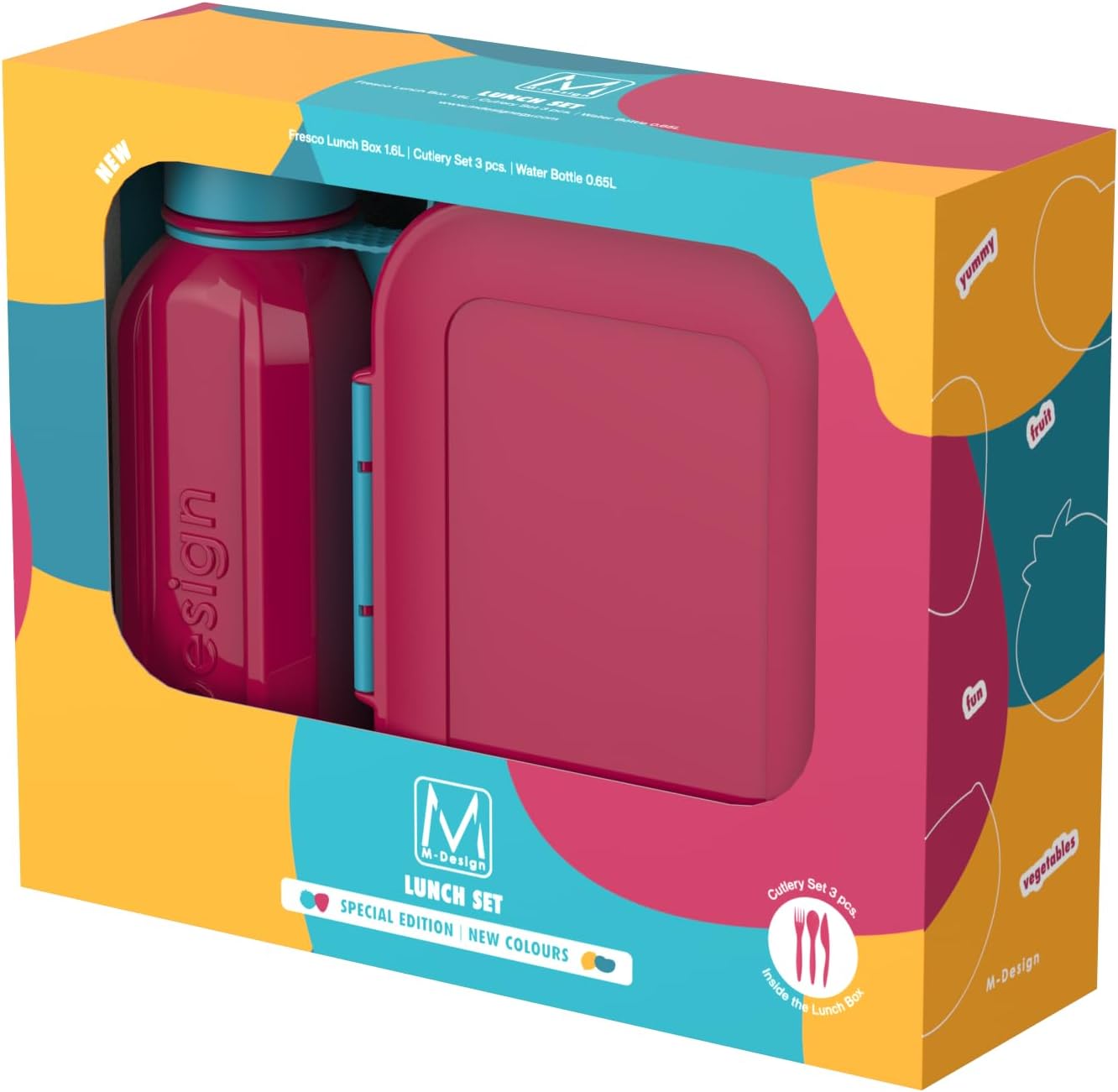 1.6L Lunch Box, 650ml Water Bottle & 3pc. Cutlery Set