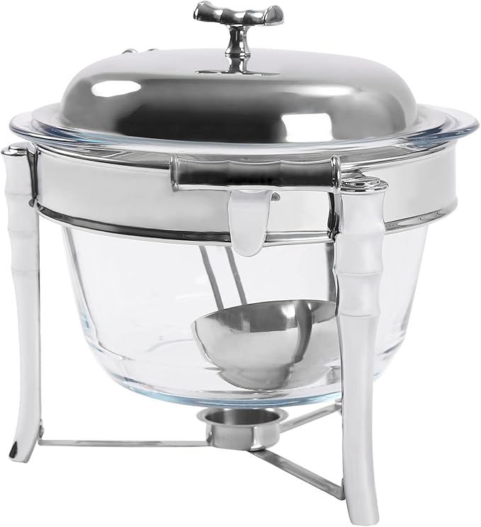 Food Serving Chafing Dish with Candle – Round Glass Bowl, Stainless Steel Frame