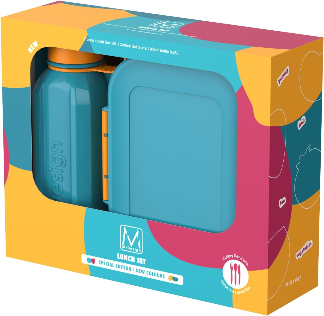 1.6L Lunch Box, 650ml Water Bottle & 3pc. Cutlery Set
