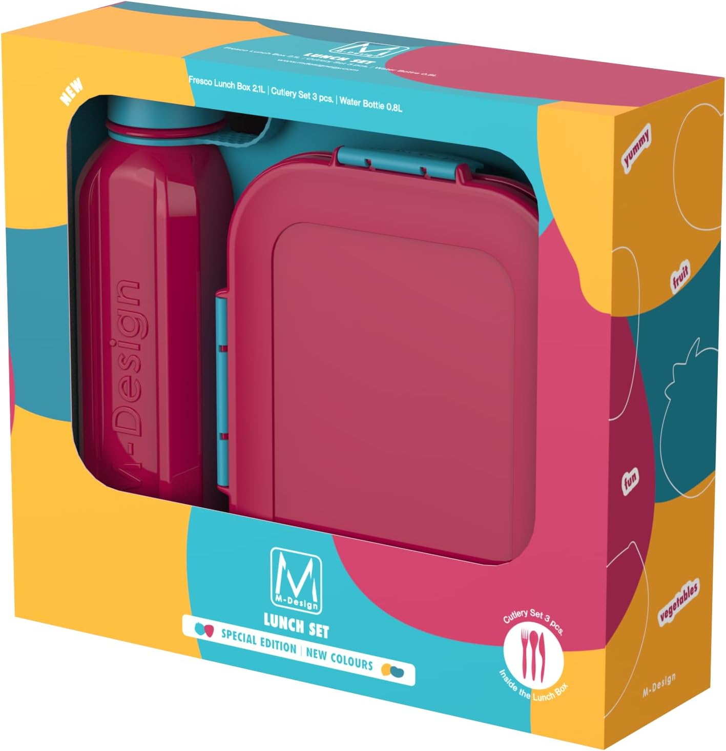 2.1L Lunch Box, 800ml Water Bottle & 3pc. Cutlery Set