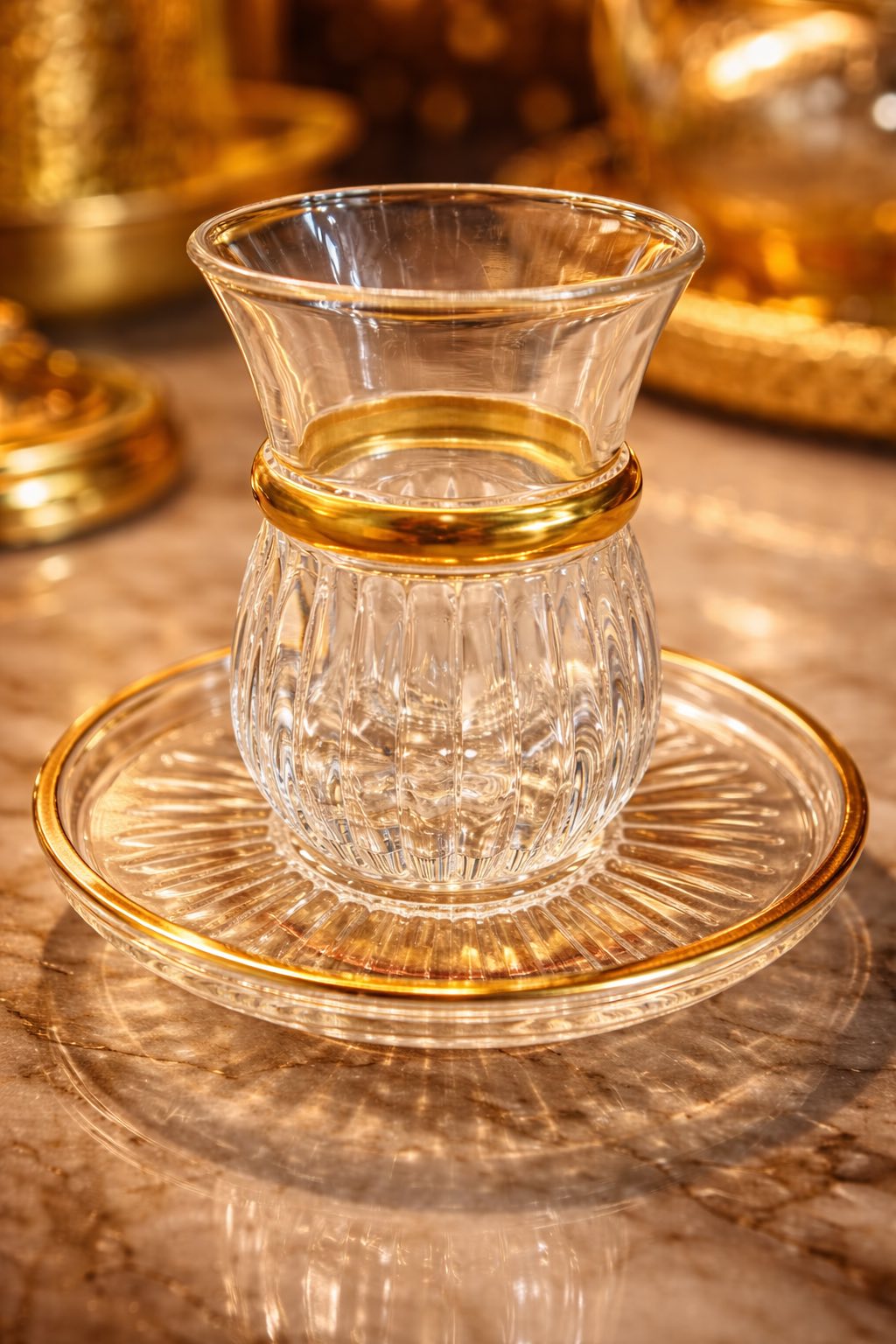 Tea Glass Set with Saucers – 12 Pcs Clear with Gold Rim