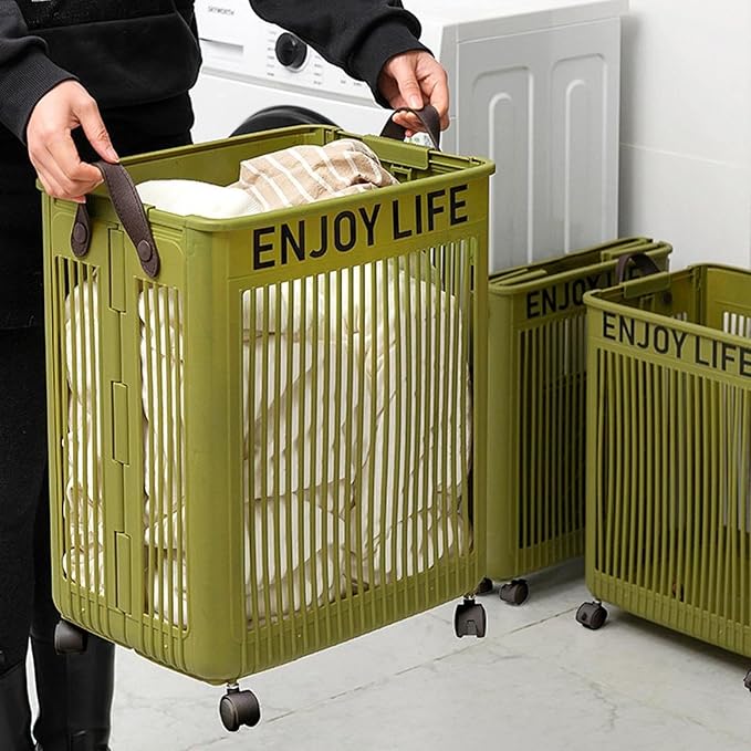 Foldable Plastic Laundry Basket with Wheels – 58L
