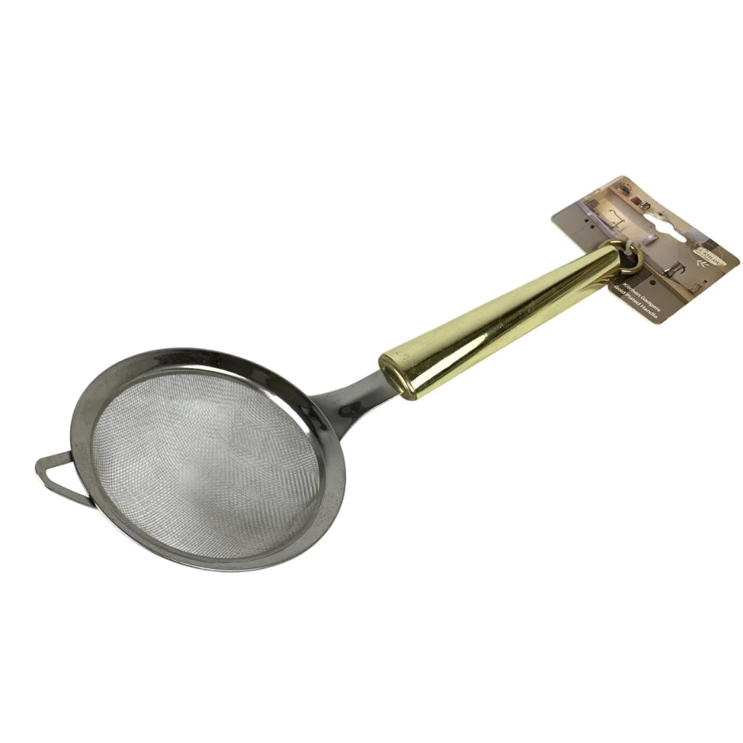Stainless steel strainer with gold handle