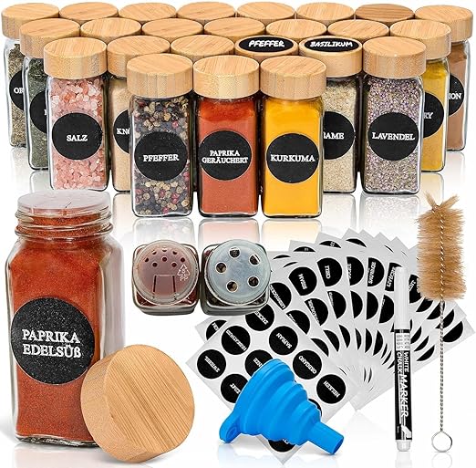 IKEA Style Glass Spice Jars Set – 24 Pieces with Bamboo Lids