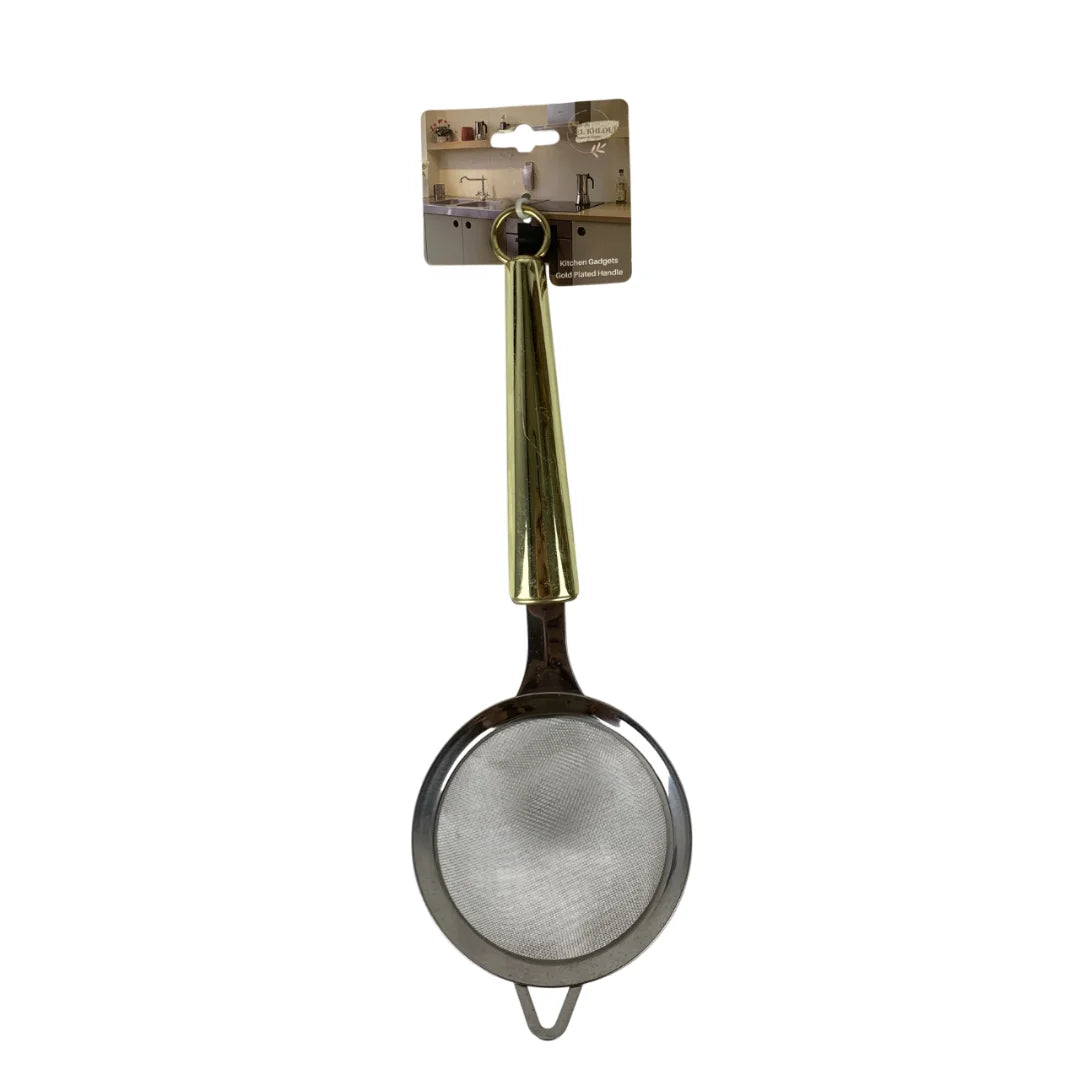 Stainless steel strainer with gold handle