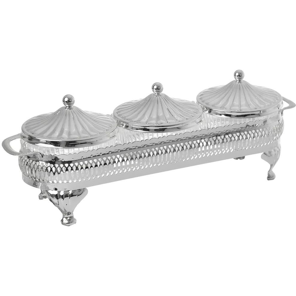 Triple Round Appetizer Serving Dish – Silver Plated with 3 Covers & Glass Bowls