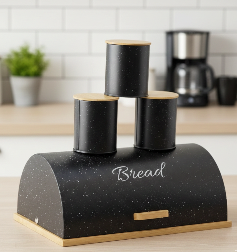 Modern Bread Bin & Spice Set – Marble & Wood Design