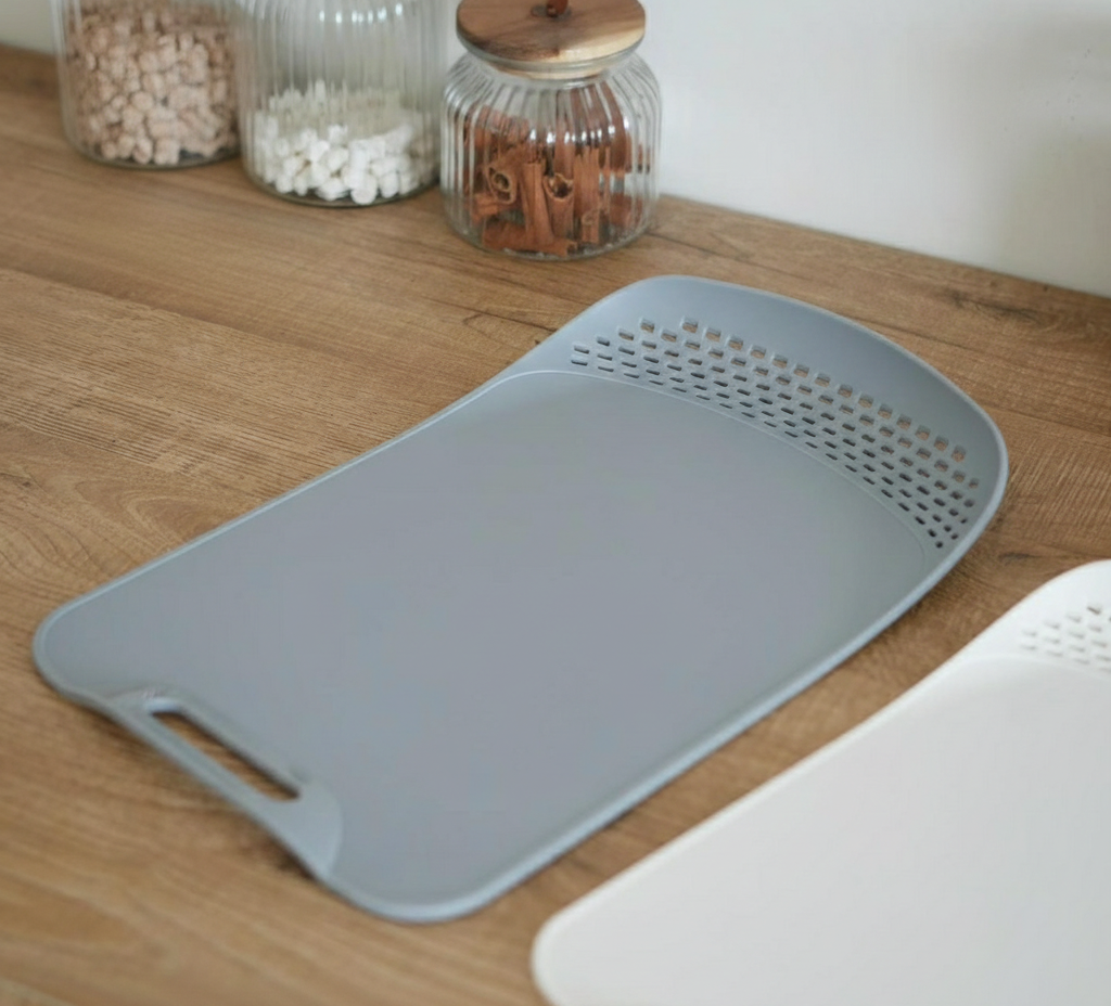 2-Piece Plastic Cutting Board Set with Built-in Strainer