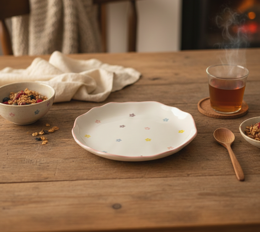 Heat-Resistant Flat Porcelain Plate – Colorful Floral Design