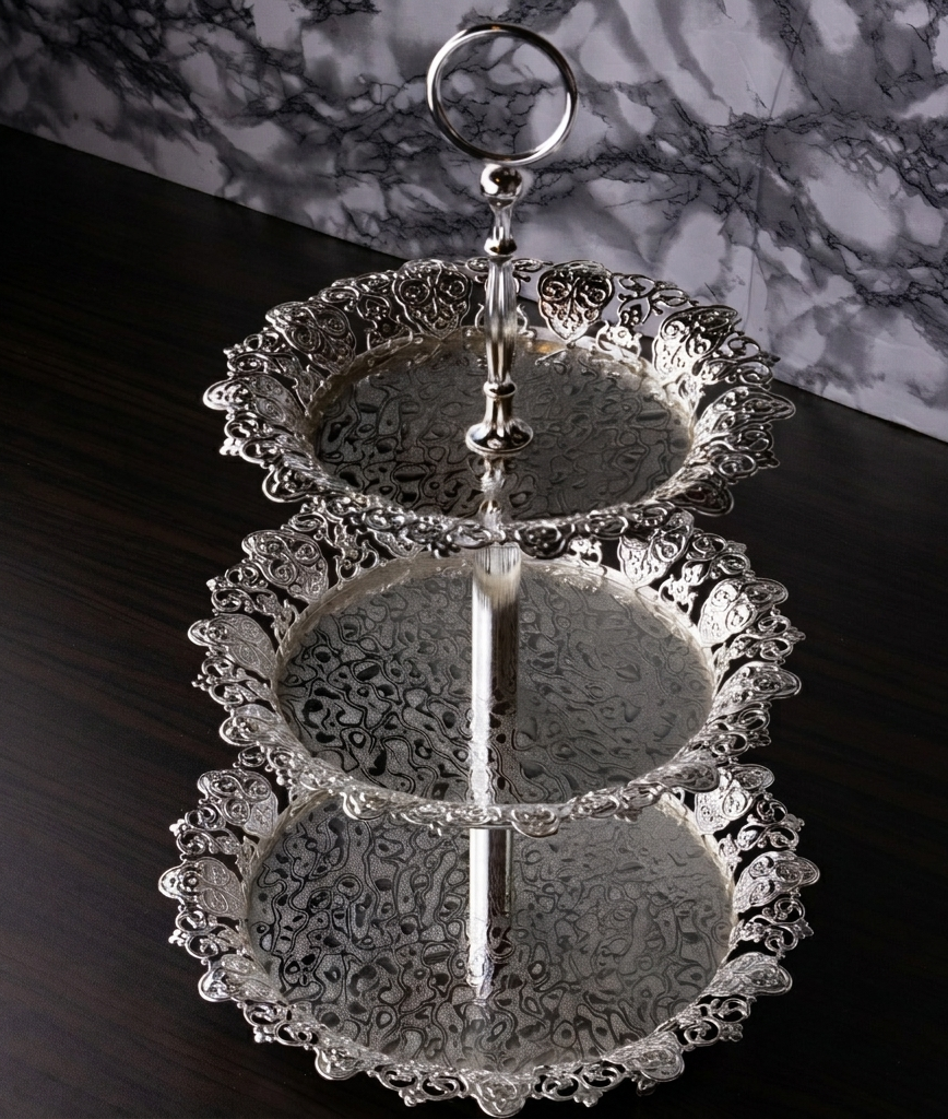 Silver-Plated Metal Tiered Serving Stand – 3 Layers