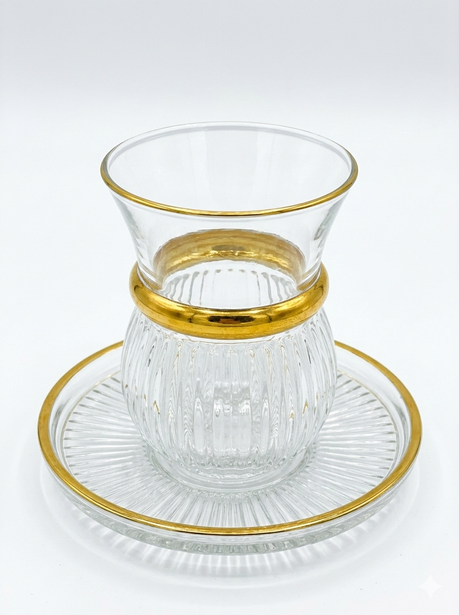 Tea Glass Set with Saucers – 12 Pcs Clear with Gold Rim
