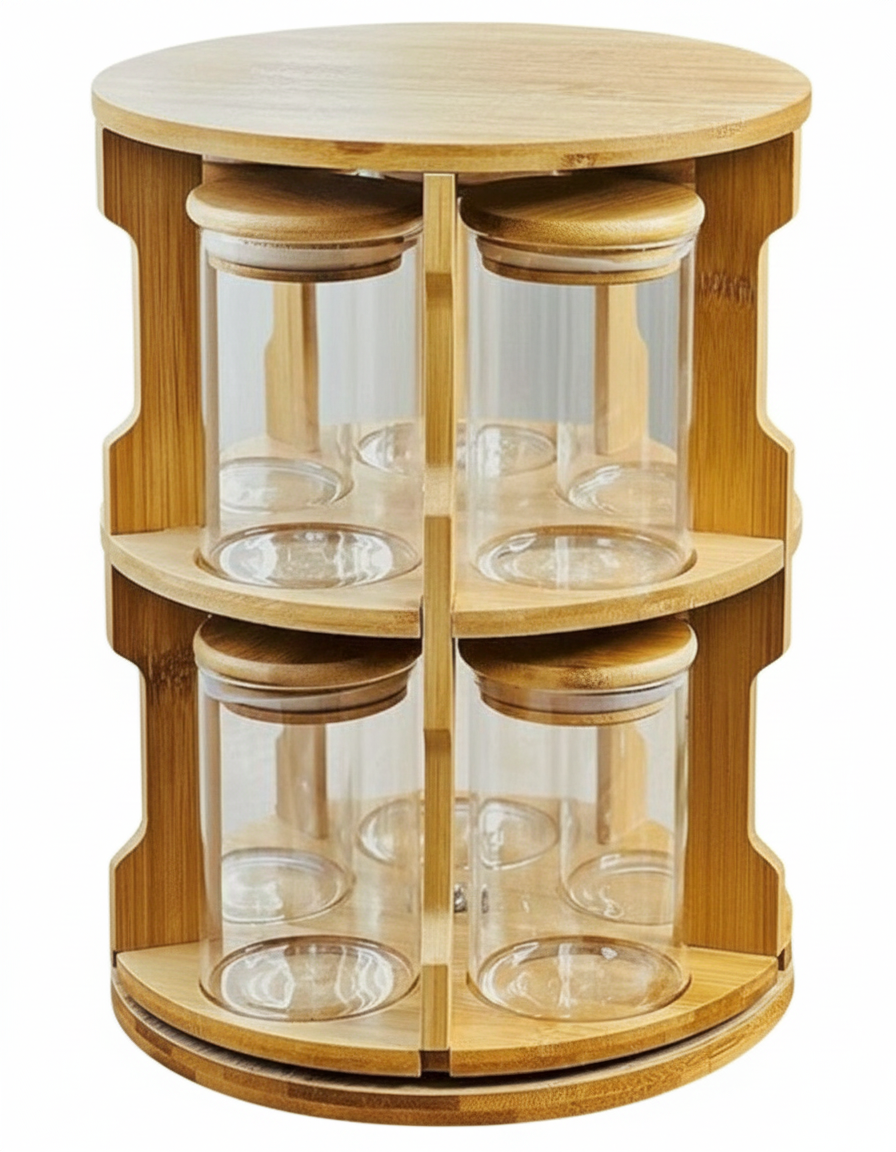 Rotating Bamboo Spice Rack – 10 Glass Jars with Wooden Lids