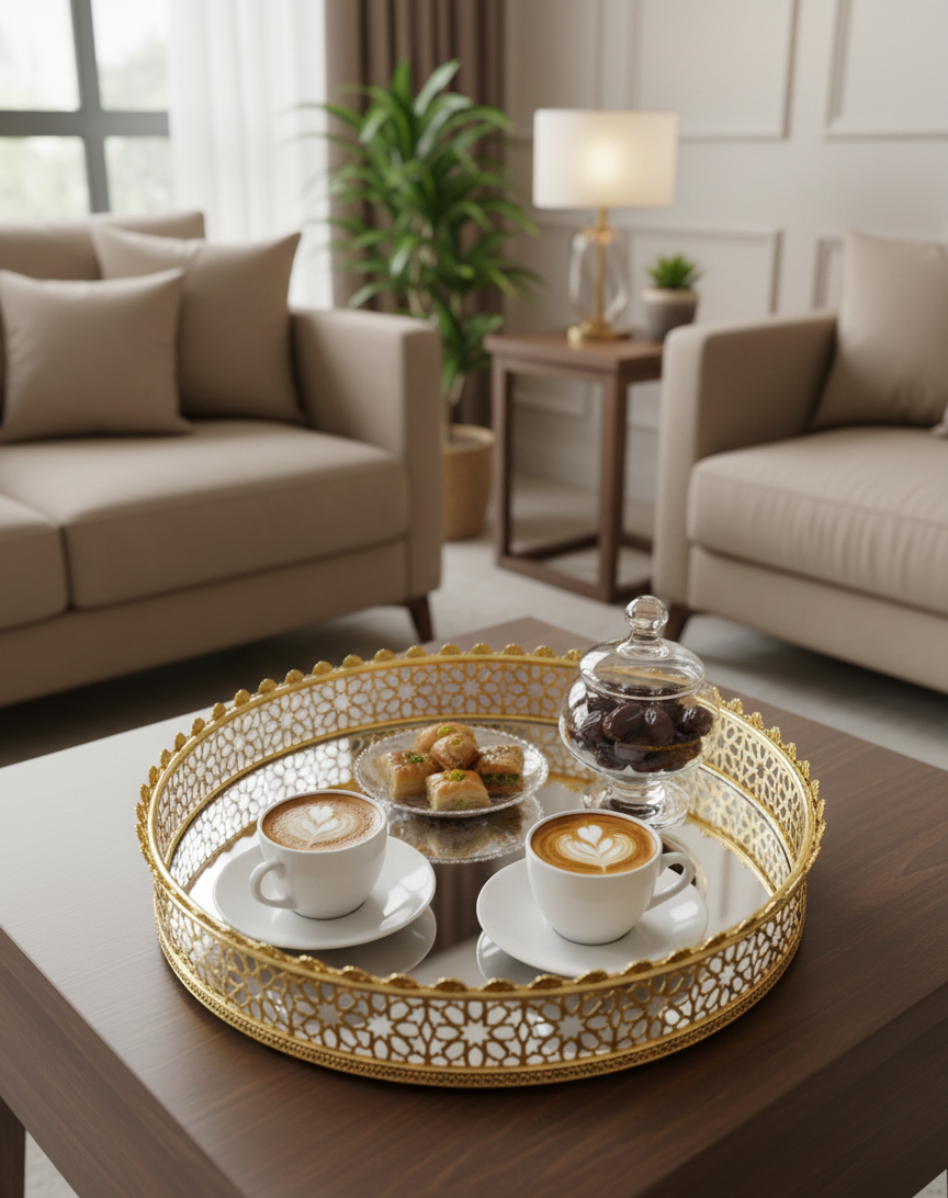 Luxury Round Serving Tray – Gold Geometric Frame