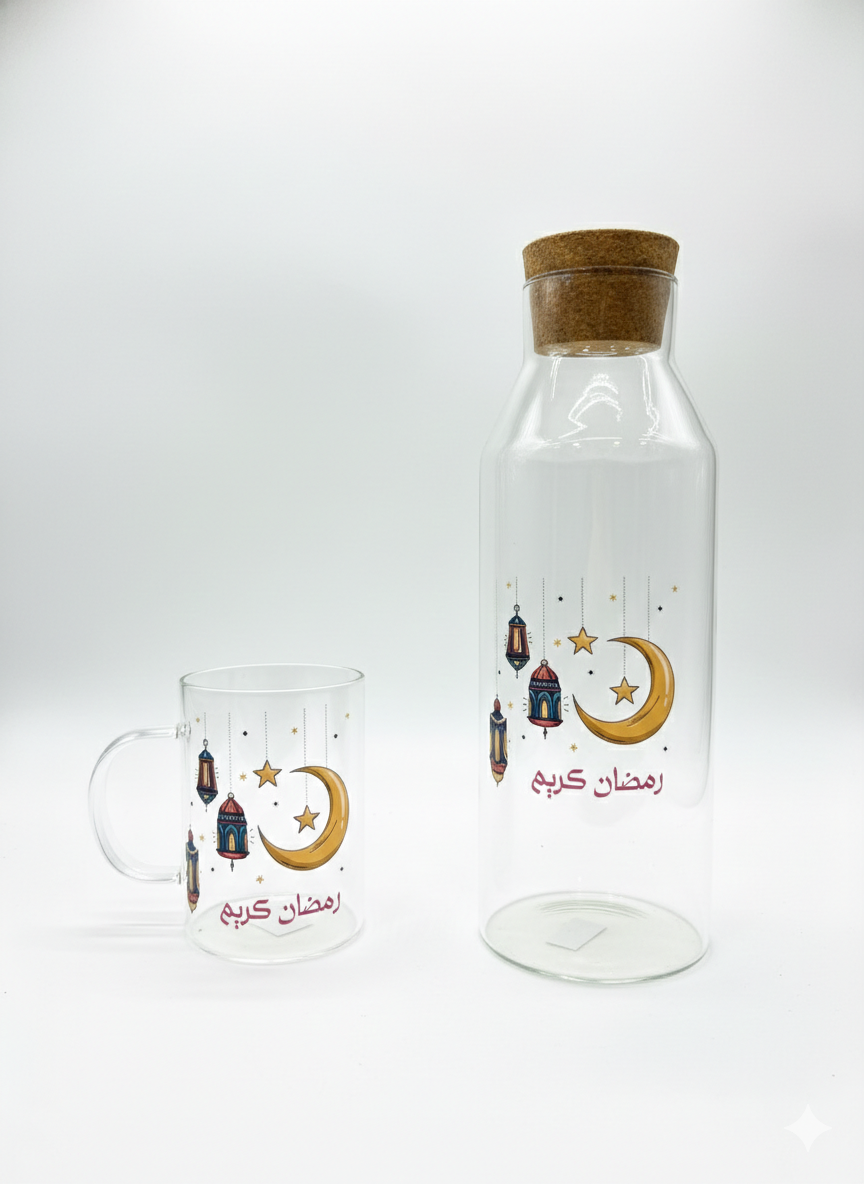 Ramadan Kareem Glass Bottle Set with 6 Cups
