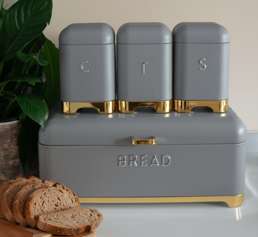 Metal Storage Box Set – 4 Pieces (3 Canisters + Bread Box)