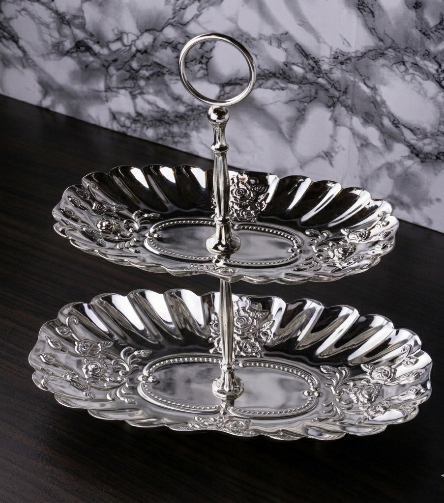 2-Tier Kahk Stand – Silver-Plated Metal Classic Antique Design