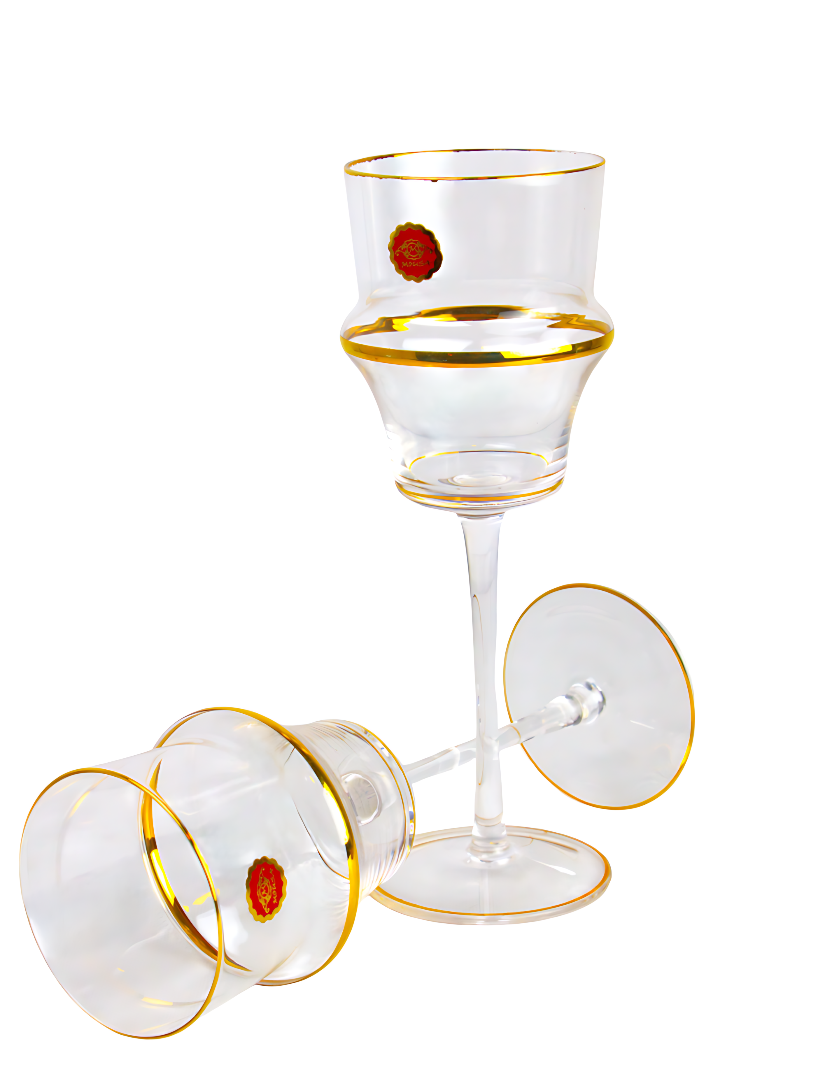 Round crystal goblet set with gold ribbon