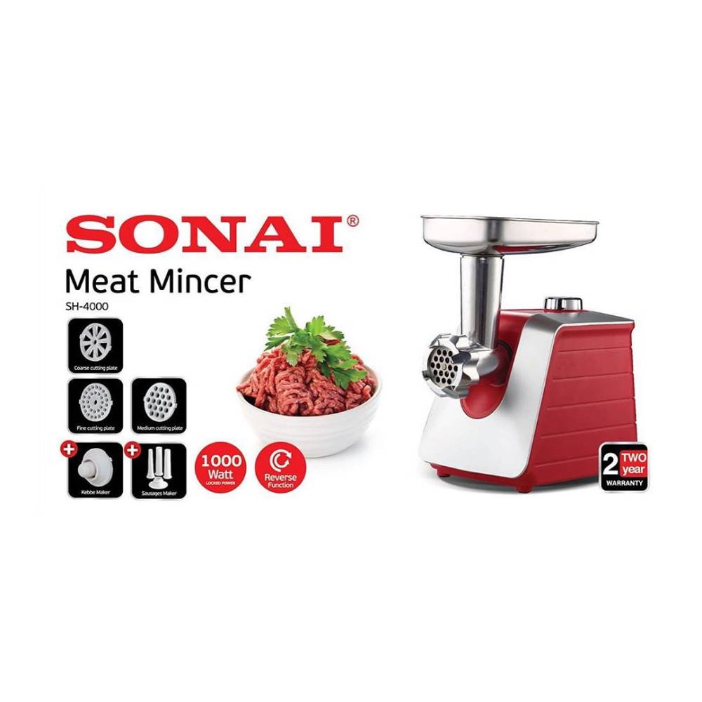 Sonai SH-4000 Meat Grinder, 1000W, 3 Mincing Discs, Red